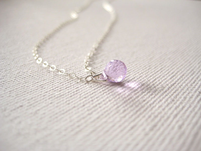 Sterling Silver Necklace With Tiny Violet Glass Droplet Pendant - Lavender Kiss