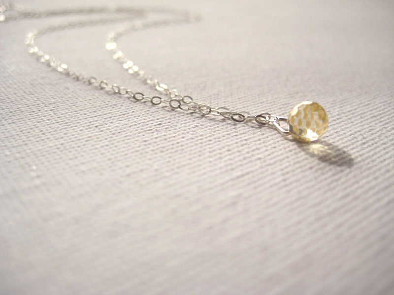 Sterling Silver Necklace With Tiny Soft Yellow Glass Droplet Pendant - Honey Drop